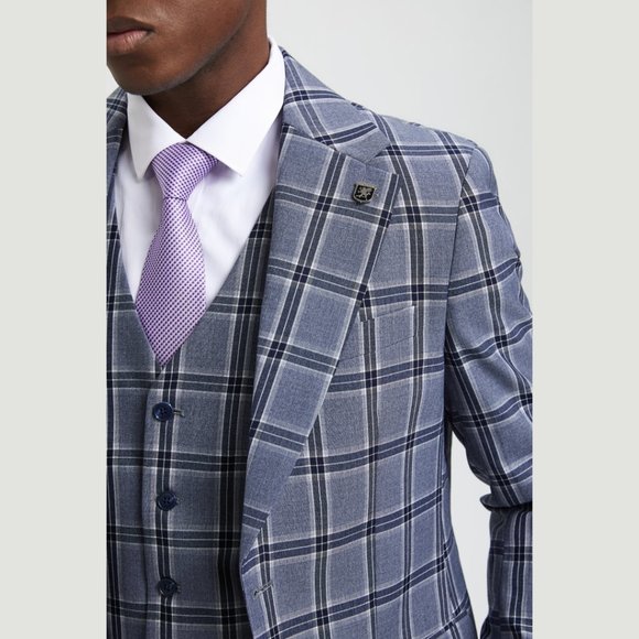 Stacy Adams Windowed Plaid 3pc Mens Suit, Stoned Blue - Picture 6 of 7